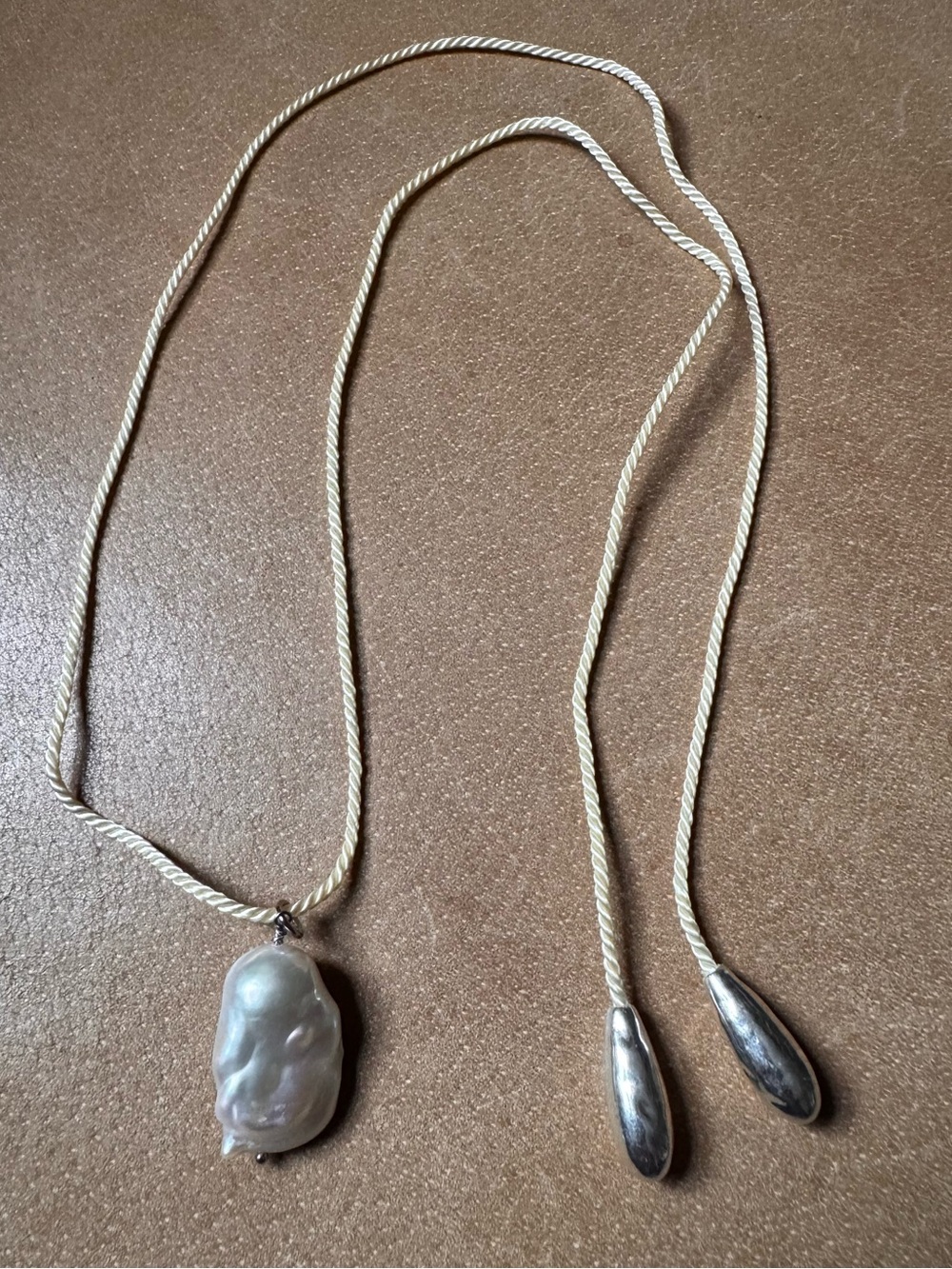 Baroque Pearl Lariat Necklace in Cream with Silver Accents braided cord
